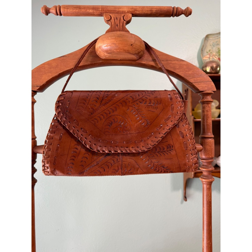 Vintage Hand Tooled Leather Shoulder Bag Brown Whipstitch Floral Paraguay Boho